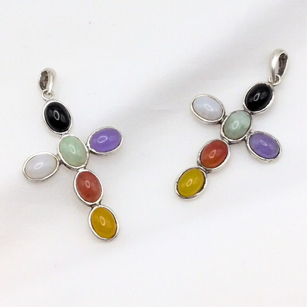 Sterling Silver 925 Cabochon Multi-Gemstone Cross Pendants Matching Pair Set